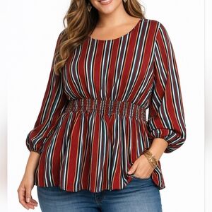Oddy Boho Striped Blouse 3XL Plus Size Peplum Top Fall Colors Red Oddi Smocked